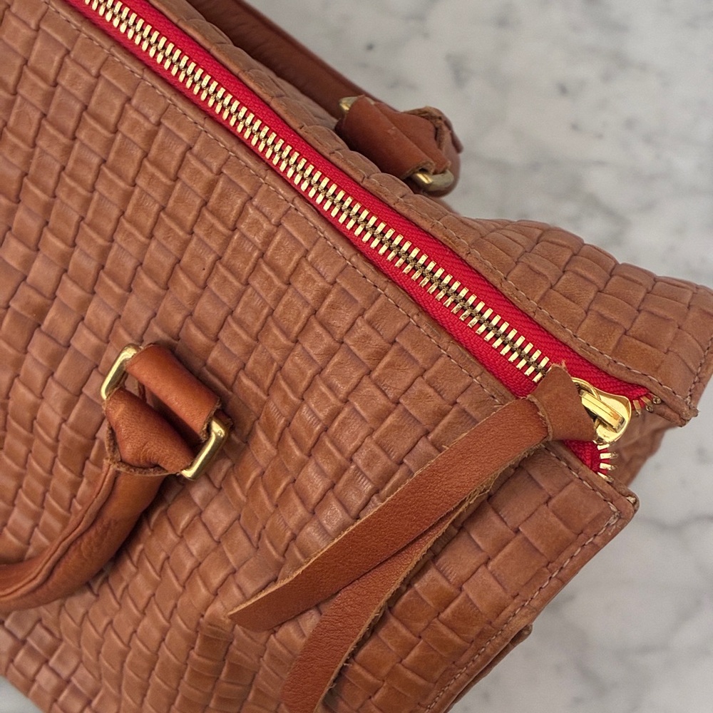 Authentic Clare V. Woven Leather Satchel Handbag in Cognac - Picture 9 of 14